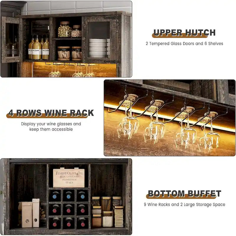 Meuble de bar à café moderne de style farmhouse avec éclairage LED et prises électriques, meuble de cuisine