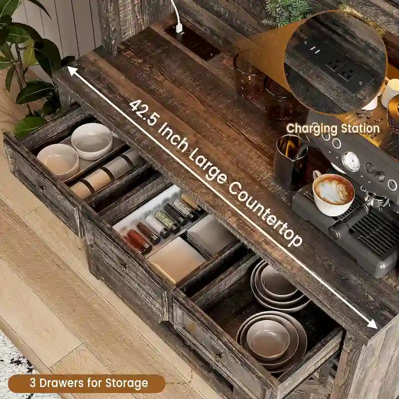 Meuble de bar à café moderne de style farmhouse avec éclairage LED et prises électriques, meuble de cuisine