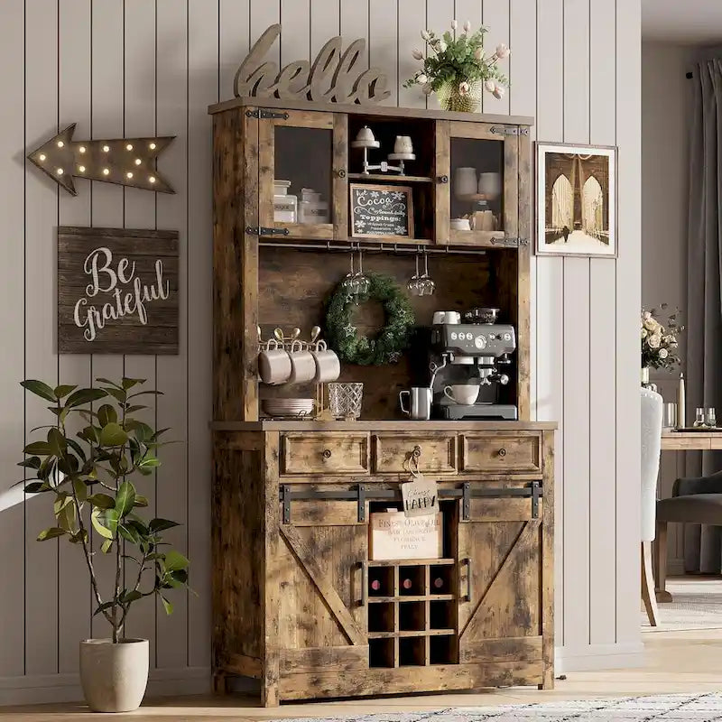 Mueble moderno estilo granja para barra de café con luces LED y tomas de corriente, armario de cocina