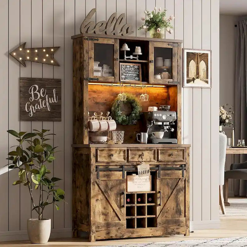 Mueble moderno estilo granja para barra de café con luces LED y tomas de corriente, armario de cocina