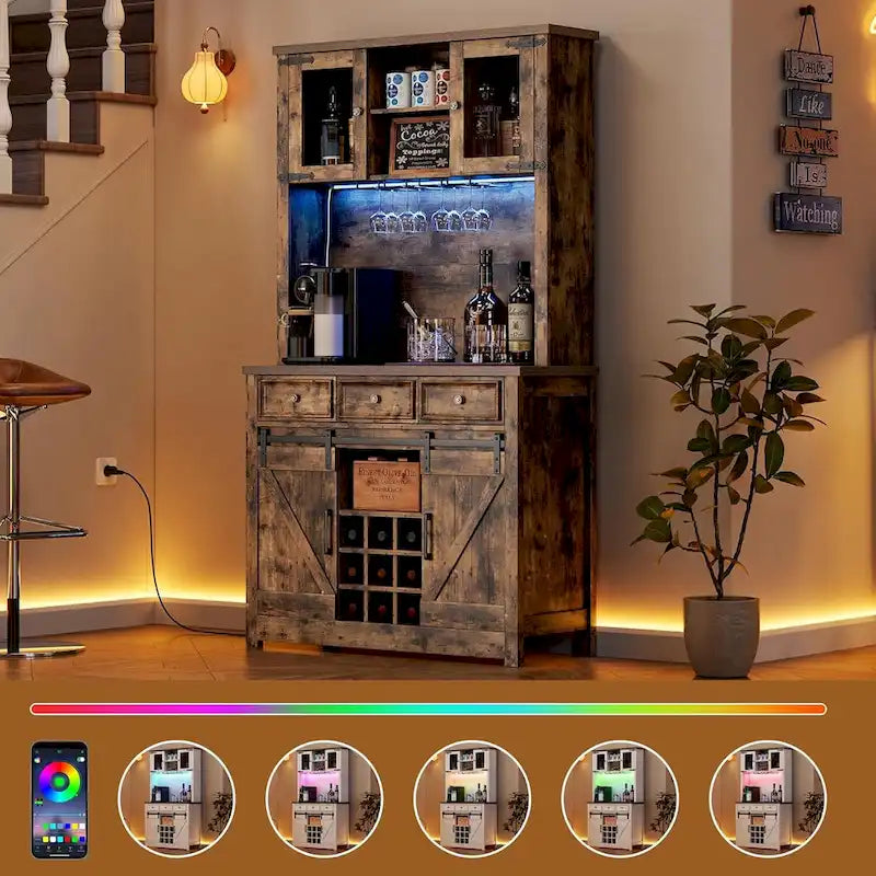Mueble moderno estilo granja para barra de café con luces LED y tomas de corriente, armario de cocina