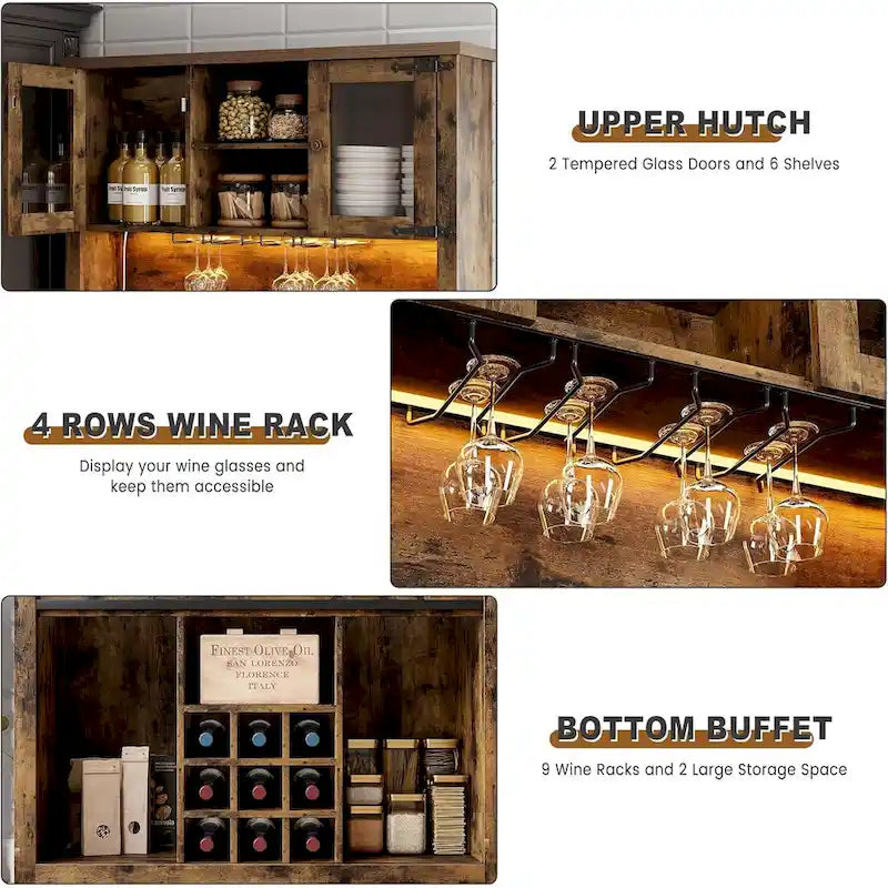 Mueble moderno estilo granja para barra de café con luces LED y tomas de corriente, armario de cocina