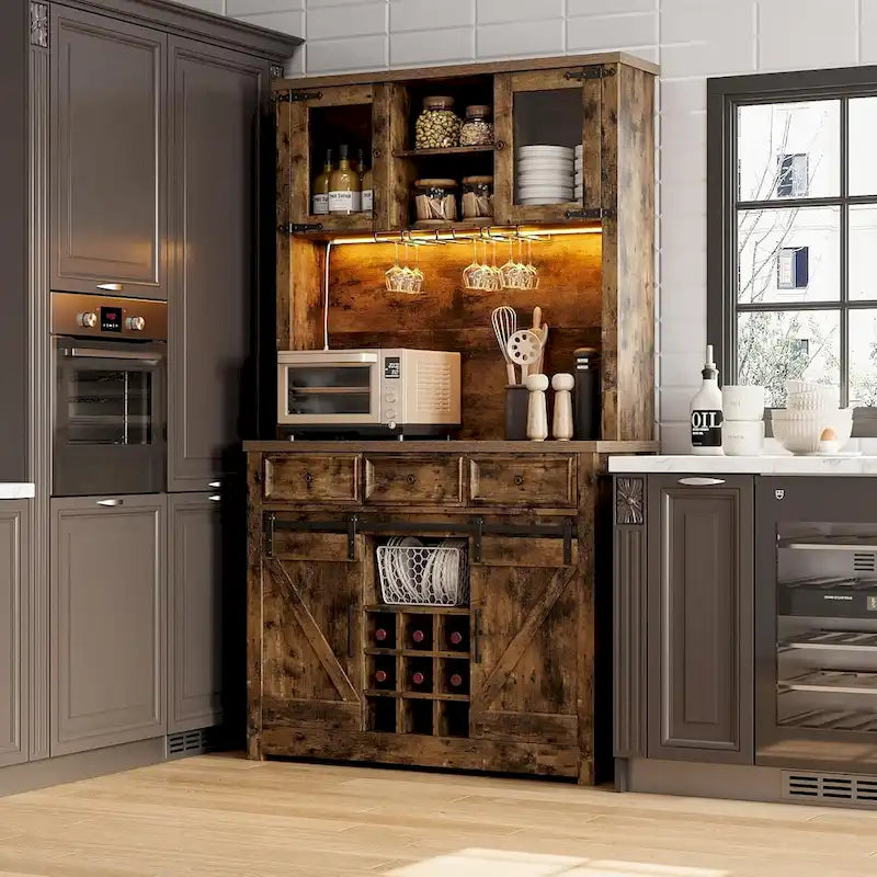 Mueble moderno estilo granja para barra de café con luces LED y tomas de corriente, armario de cocina