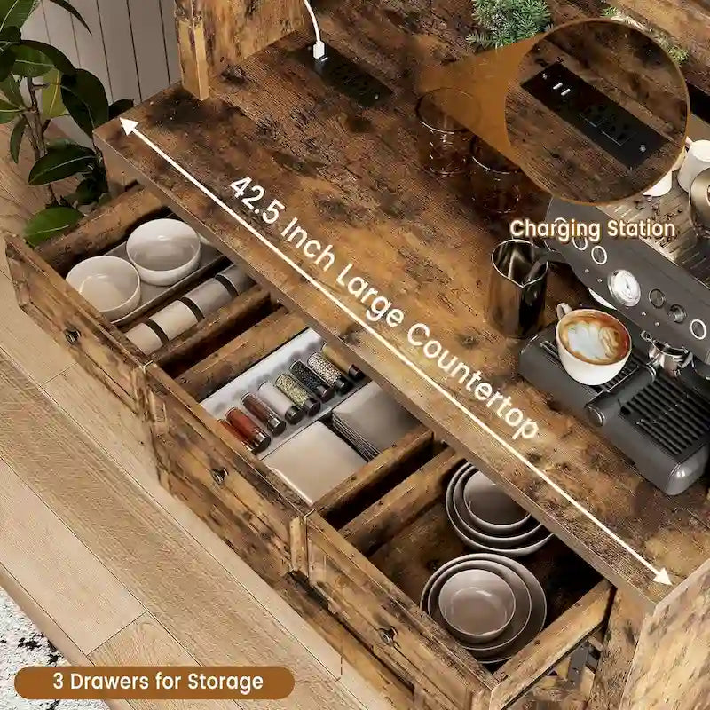 Mueble moderno estilo granja para barra de café con luces LED y tomas de corriente, armario de cocina