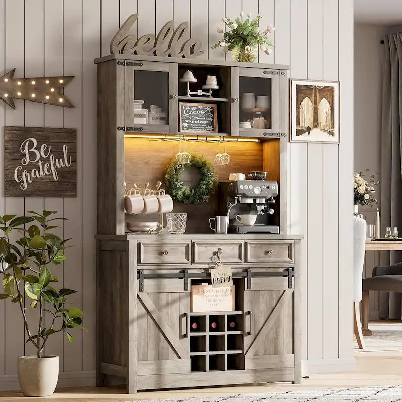 Mueble moderno estilo granja para barra de café con luces LED y tomas de corriente, armario de cocina