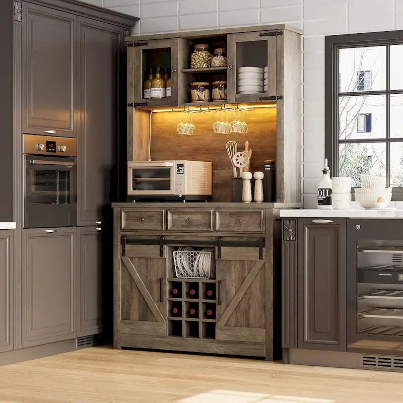 Mueble moderno estilo granja para barra de café con luces LED y tomas de corriente, armario de cocina