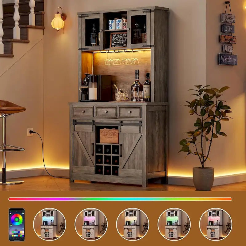 Mueble moderno estilo granja para barra de café con luces LED y tomas de corriente, armario de cocina