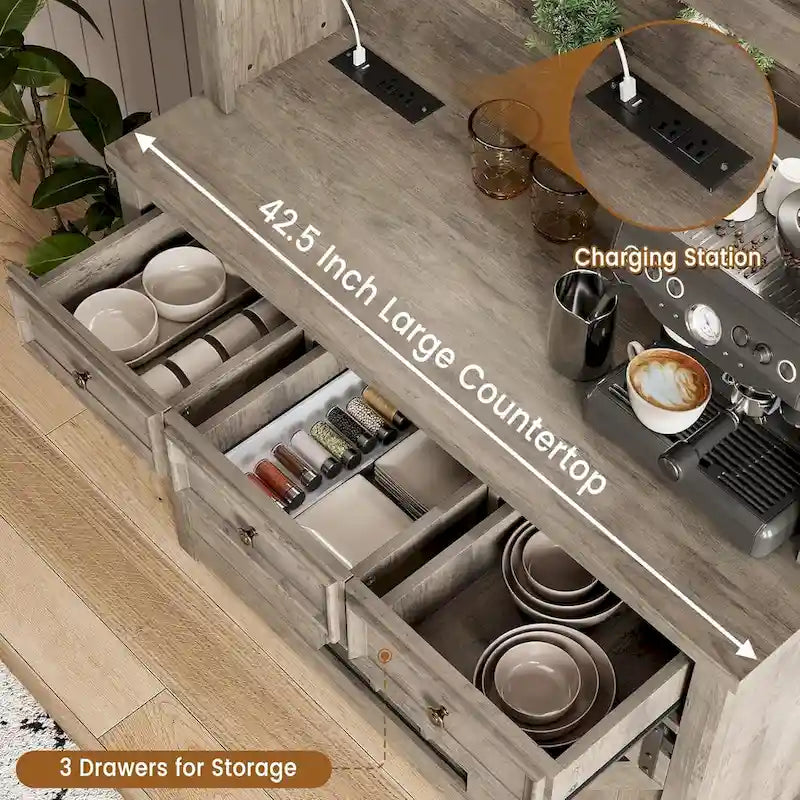 Mueble moderno estilo granja para barra de café con luces LED y tomas de corriente, armario de cocina