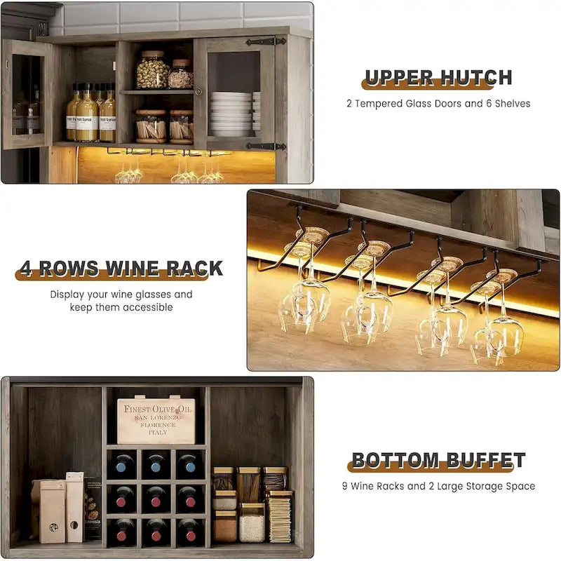 Mueble moderno estilo granja para barra de café con luces LED y tomas de corriente, armario de cocina