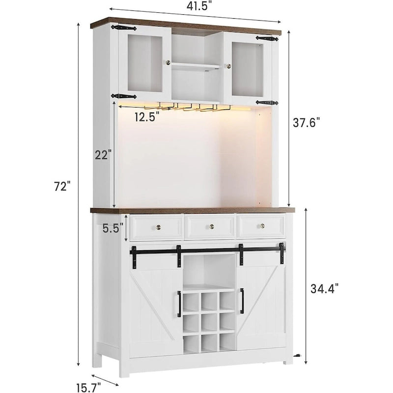 Mueble moderno estilo granja para barra de café con luces LED y tomas de corriente, armario de cocina