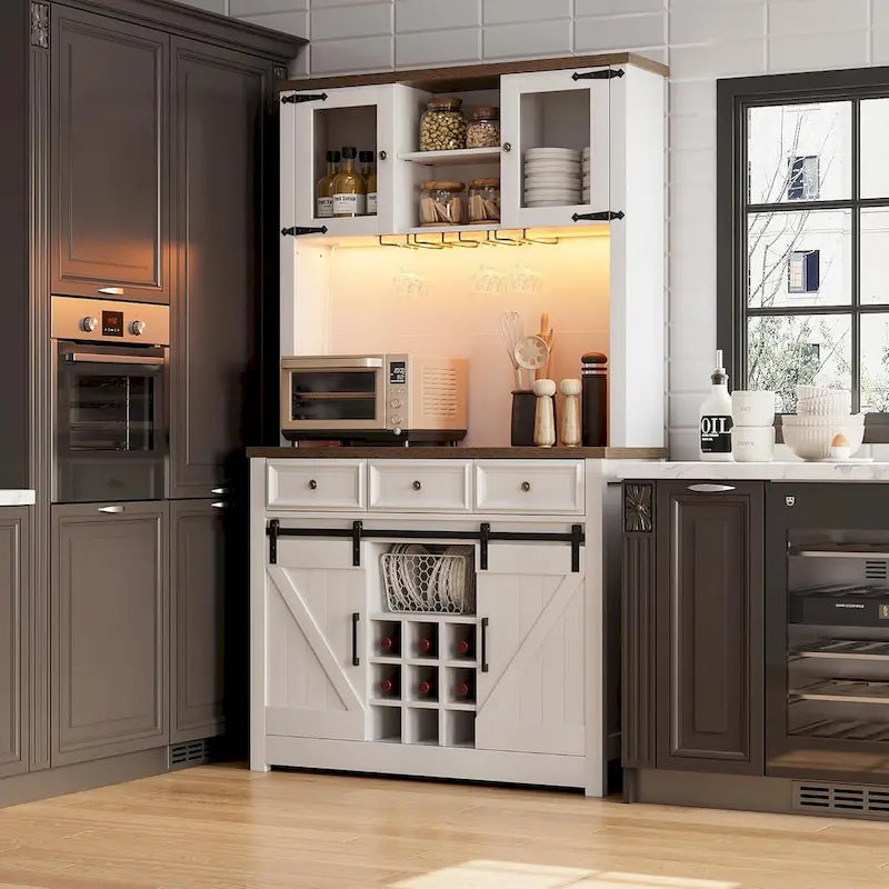 Mueble moderno estilo granja para barra de café con luces LED y tomas de corriente, armario de cocina
