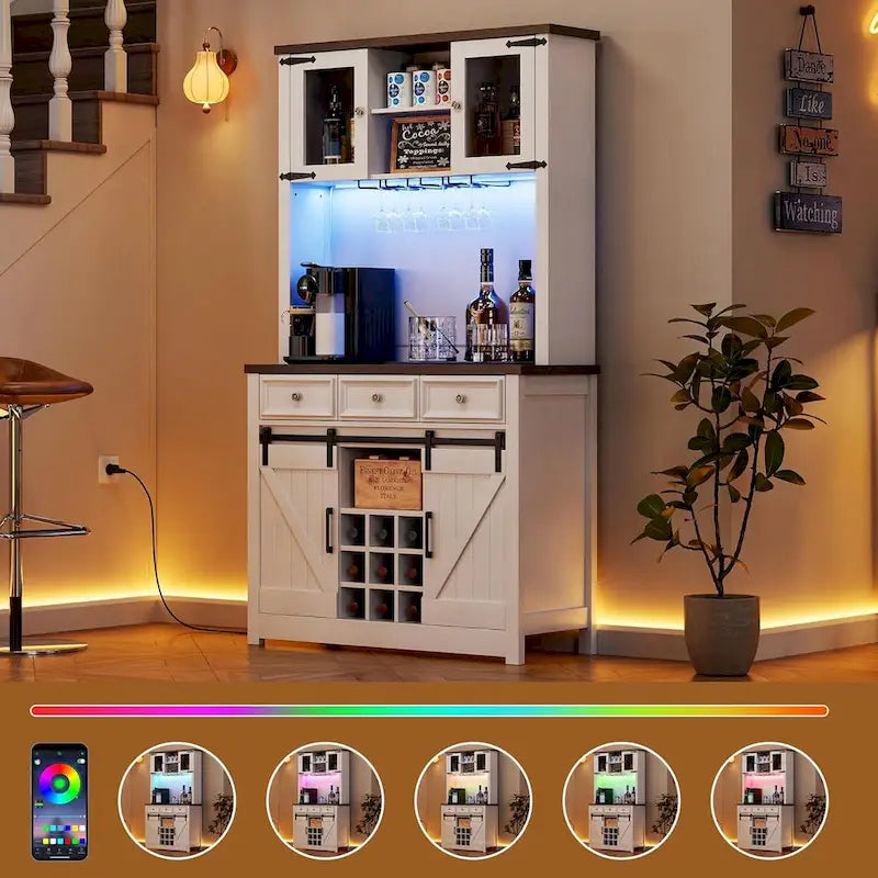 Mueble moderno estilo granja para barra de café con luces LED y tomas de corriente, armario de cocina