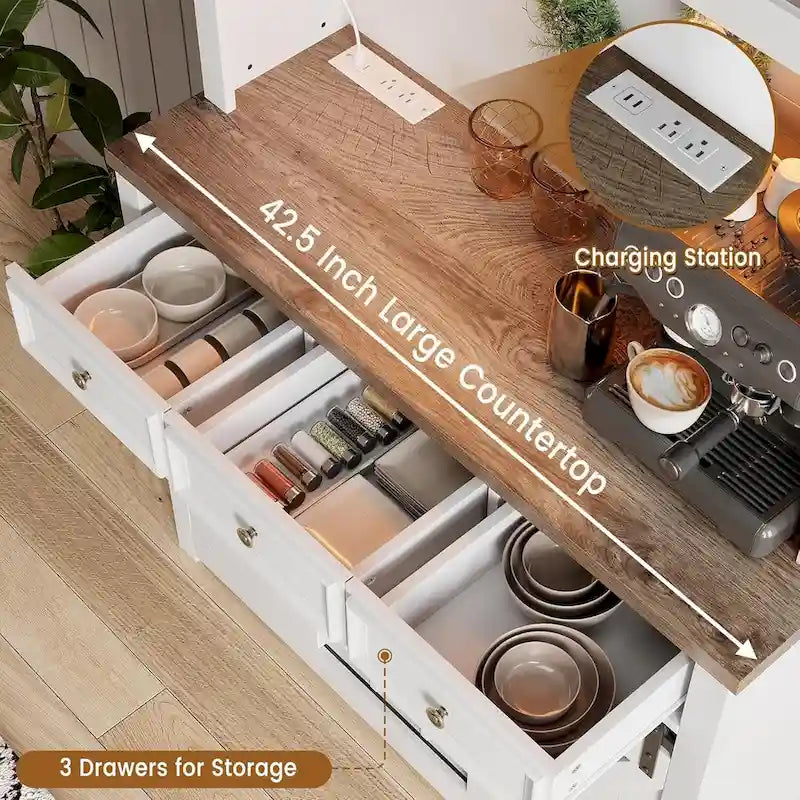 Mueble moderno estilo granja para barra de café con luces LED y tomas de corriente, armario de cocina