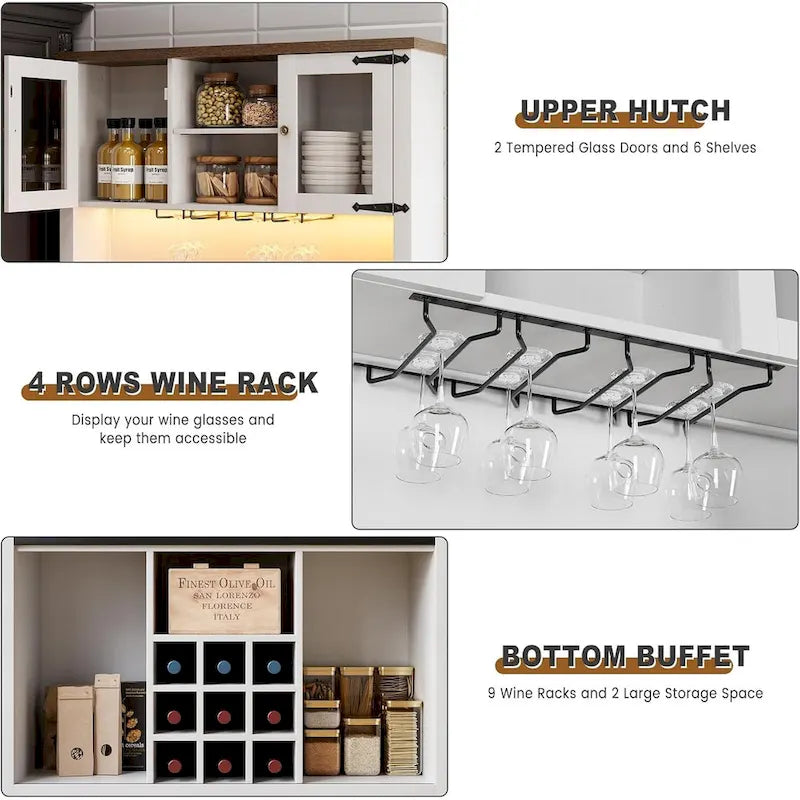 Mueble moderno estilo granja para barra de café con luces LED y tomas de corriente, armario de cocina