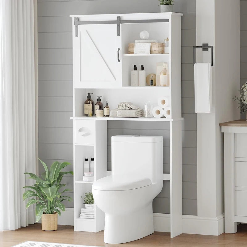 Organizador de baño de doble puerta para colocar sobre el inodoro, con estantes ajustables y portarrollos