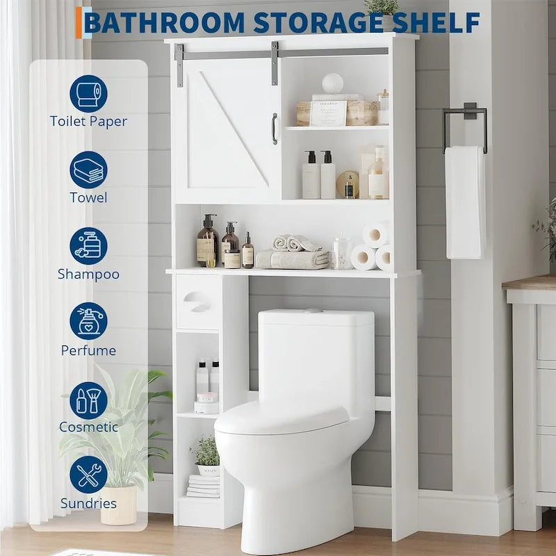 Badezimmerschrank über der Toilette mit zwei Türen und verstellbaren Ablagen, Toilettenpapierhalter