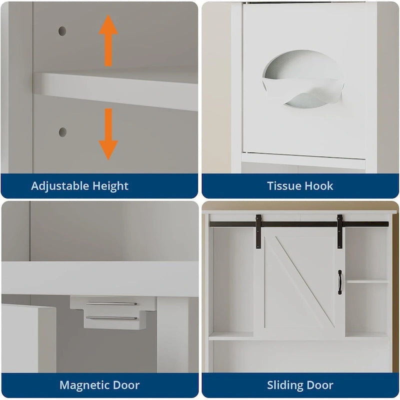 Organizador de baño de doble puerta para colocar sobre el inodoro, con estantes ajustables y portarrollos
