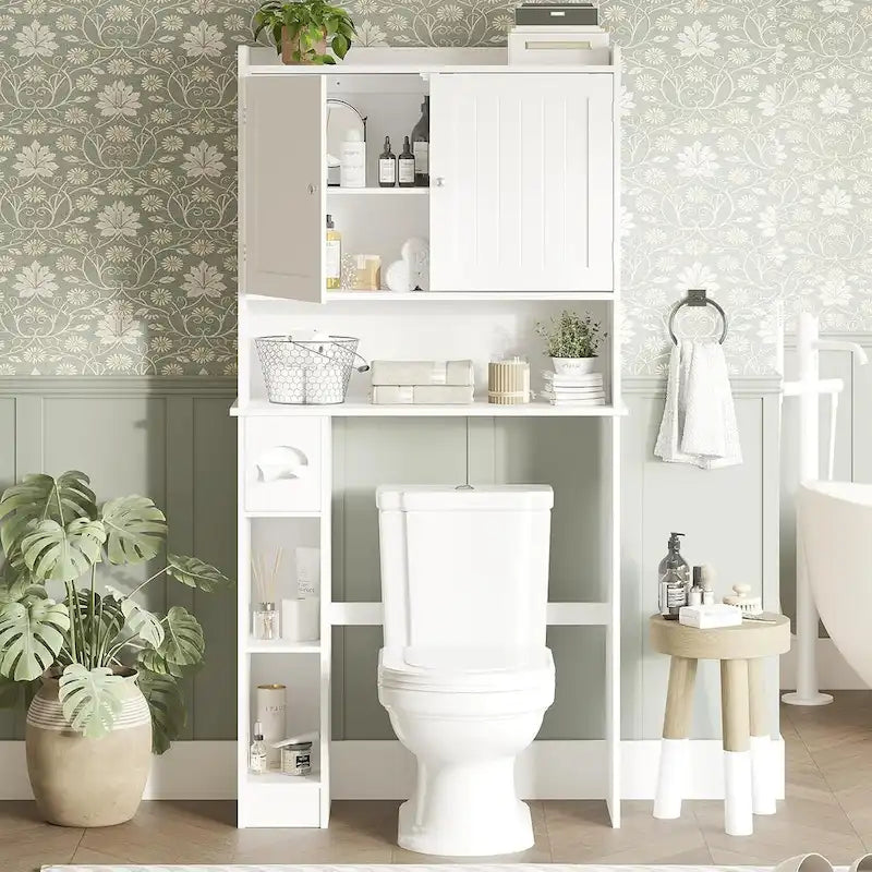 Badezimmerschrank über der Toilette mit zwei Türen und verstellbaren Ablagen, Toilettenpapierhalter