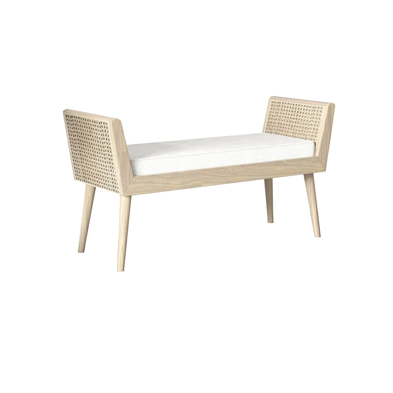 Banc rembourré mi-siècle avec accoudoirs en rotin surélevés