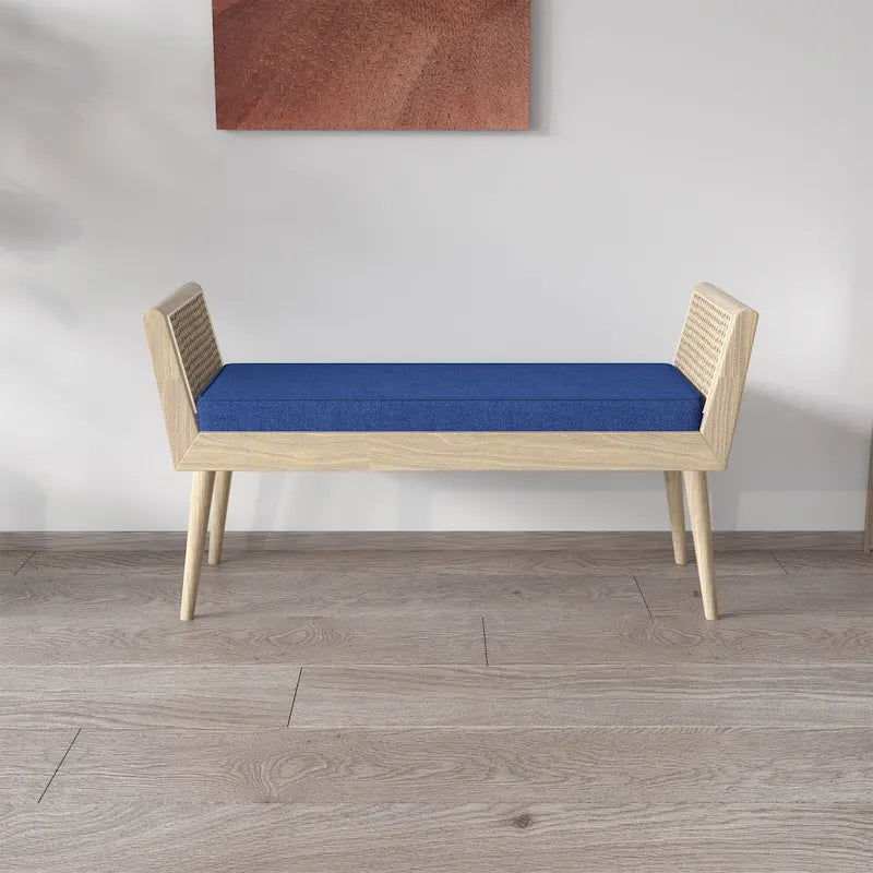 Banc rembourré mi-siècle avec accoudoirs en rotin surélevés
