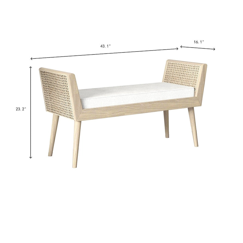 Banc rembourré mi-siècle avec accoudoirs en rotin surélevés