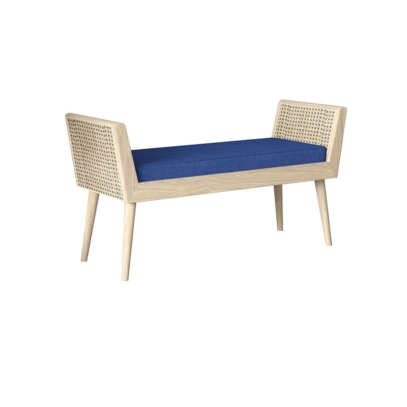 Banc rembourré mi-siècle avec accoudoirs en rotin surélevés