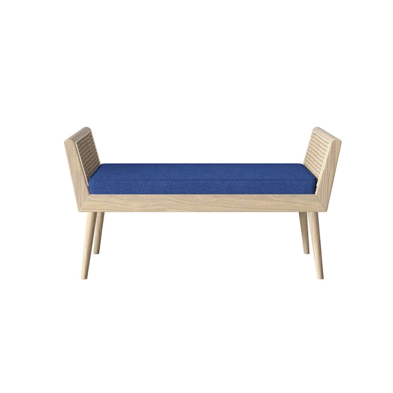 Banc rembourré mi-siècle avec accoudoirs en rotin surélevés