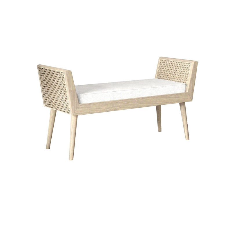 Banc rembourré mi-siècle avec accoudoirs en rotin surélevés