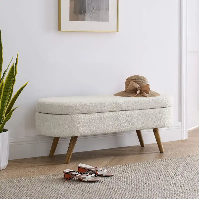 Banco de almacenamiento moderno con otomana de tela de lino y patas de madera maciza, asiento ovalado para la entrada, la sala o el dormitorio