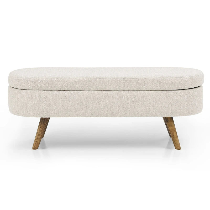 Banco de almacenamiento moderno con otomana de tela de lino y patas de madera maciza, asiento ovalado para la entrada, la sala o el dormitorio