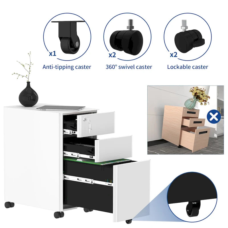 Archivador vertical moderno de acero con 3 cajones y ruedas para archivos A4, carta y oficio