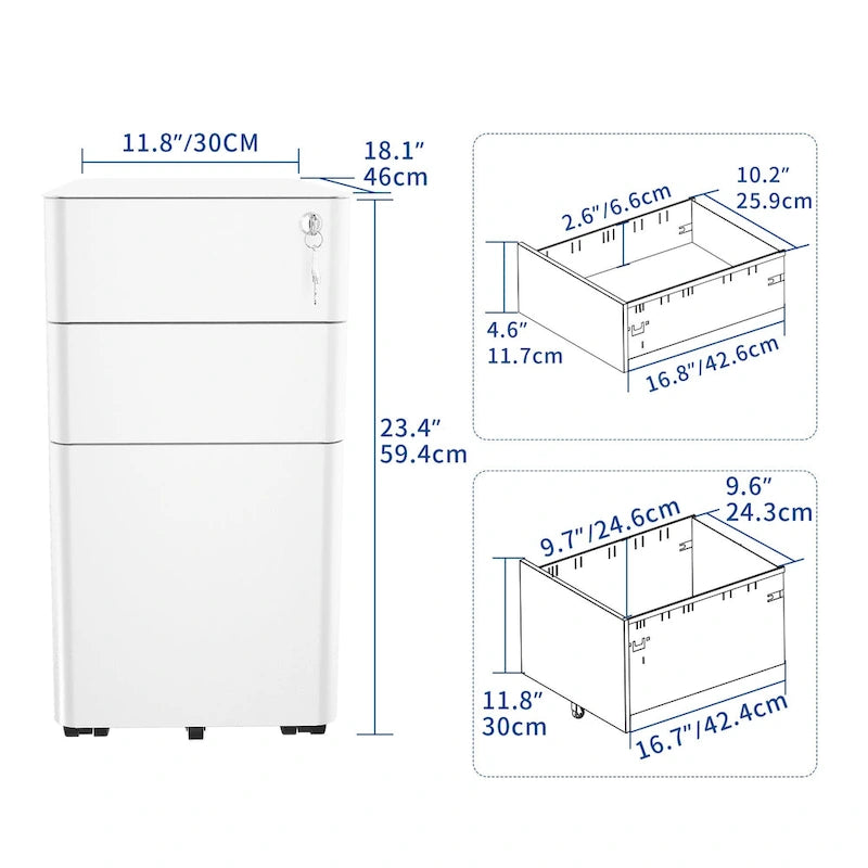 Archivador vertical moderno de acero con 3 cajones y ruedas para archivos A4, carta y oficio