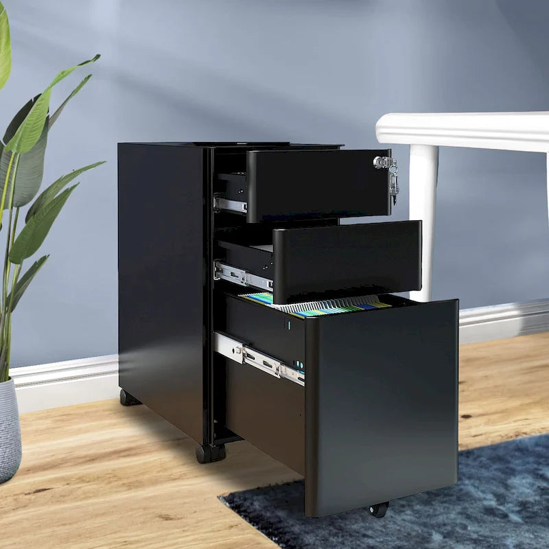 Archivador vertical moderno de acero con 3 cajones y ruedas para archivos A4, carta y oficio