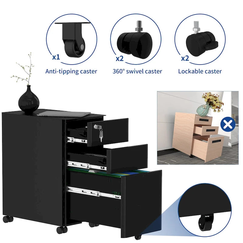 Archivador vertical moderno de acero con 3 cajones y ruedas para archivos A4, carta y oficio