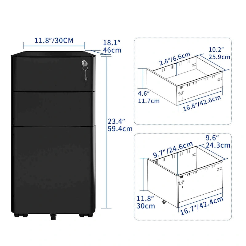 Archivador vertical moderno de acero con 3 cajones y ruedas para archivos A4, carta y oficio