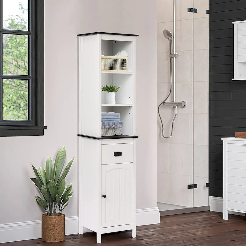 Colonne de rangement de salle de bain en bois blanc et noir - 63 H x 15.75 W x 11.81 D