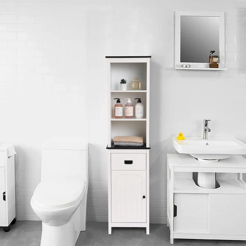 Colonne de rangement de salle de bain en bois blanc et noir - 63 H x 15.75 W x 11.81 D
