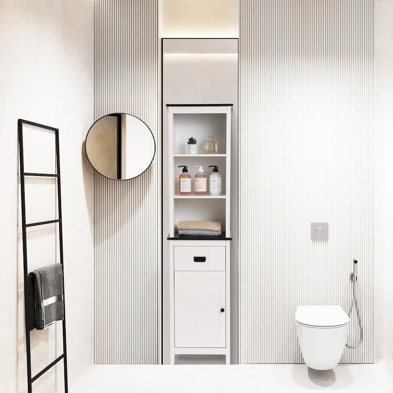 Colonne de rangement de salle de bain en bois blanc et noir - 63 H x 15.75 W x 11.81 D