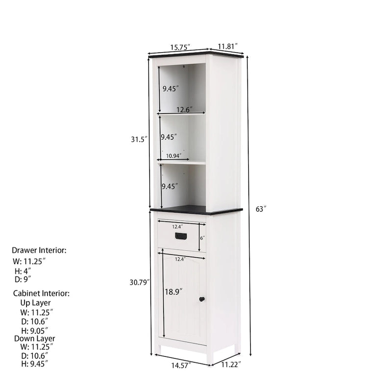 Colonne de rangement de salle de bain en bois blanc et noir - 63 H x 15.75 W x 11.81 D