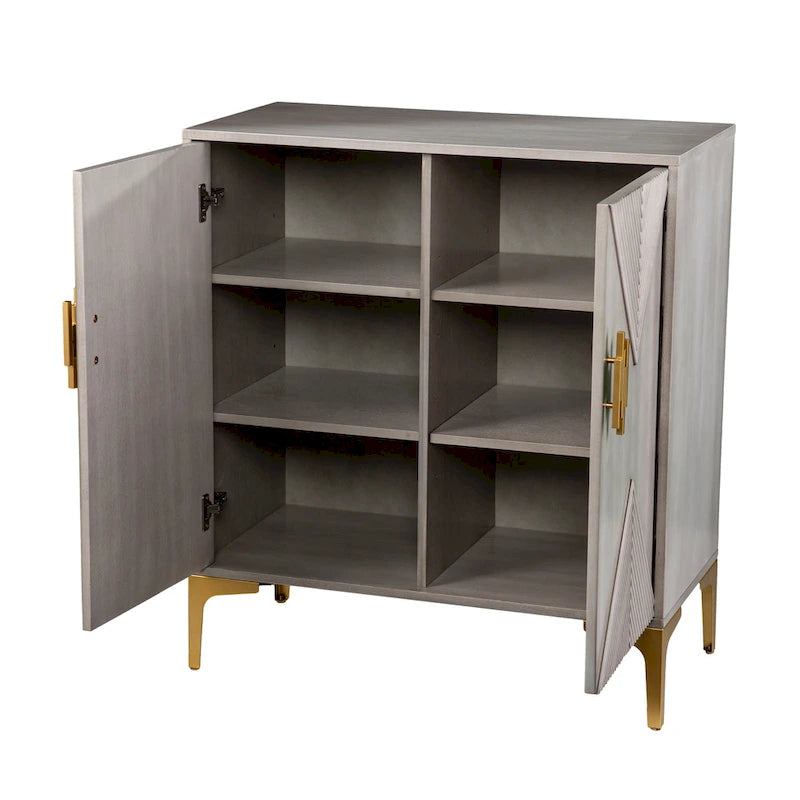 Grauer Holzschrank mit Beinen und Griffen in Goldoptik
