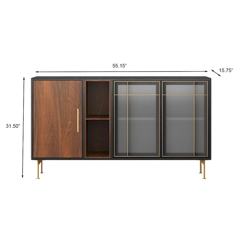 Buffet moderniste de 55.12 pouces à 3 portes, doté d’un cadre multicouche en bois massif et d’un placage en noyer ; livré entièrement assemblé.