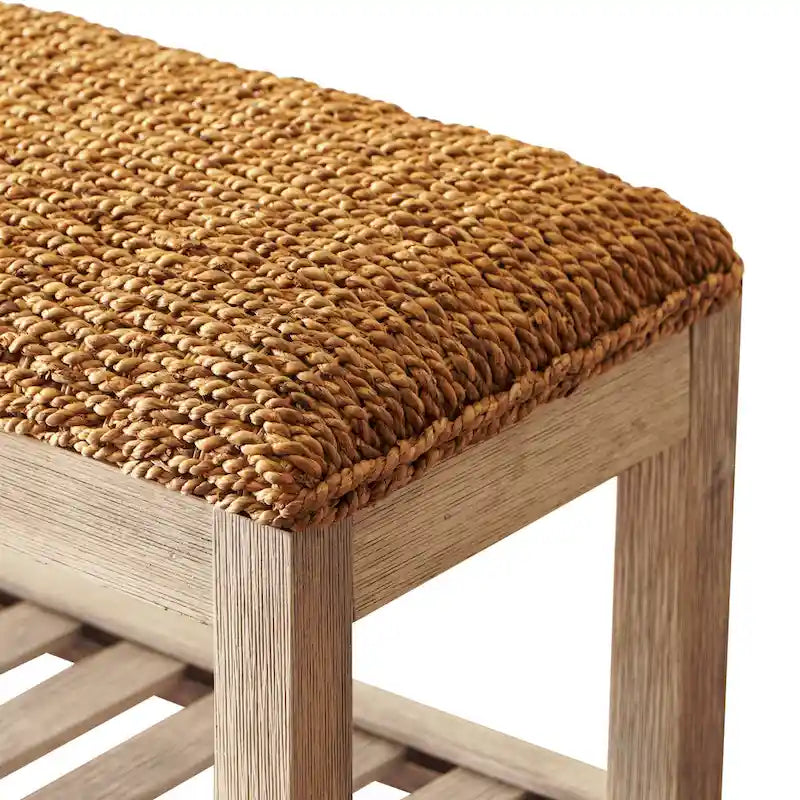 Sitzbank mit Stauraum für Schuhe aus Wasserhyazinthe und Massivholz