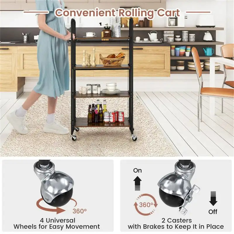Desserte pliable à roulettes avec étagères de rangement pour la cuisine