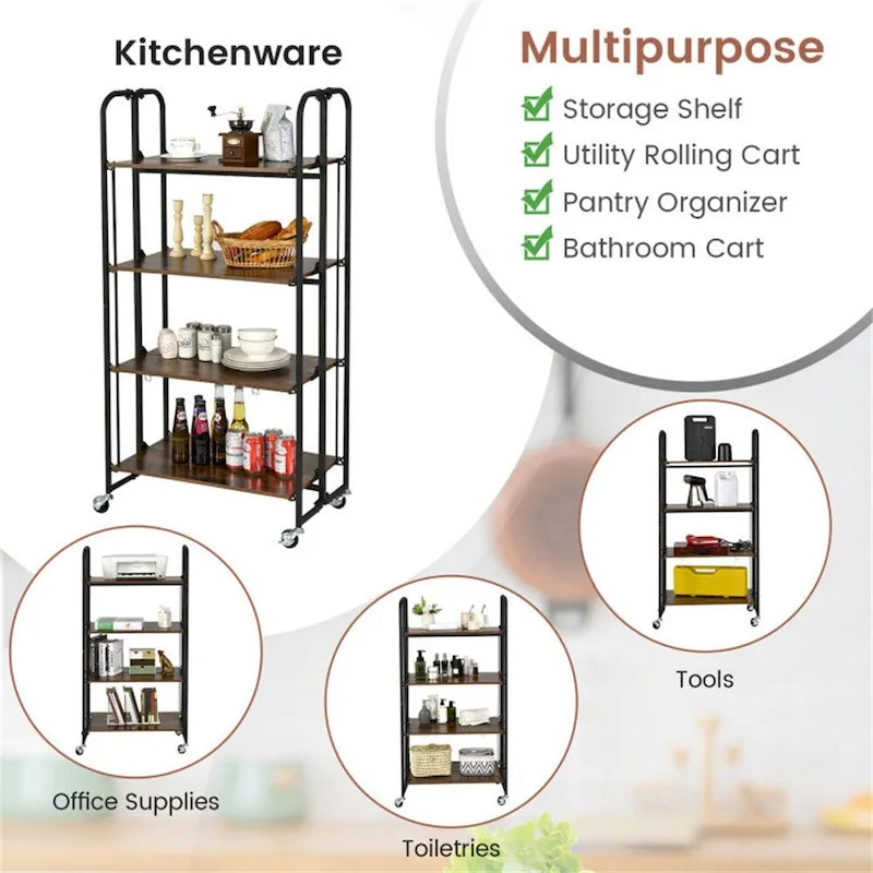 Desserte pliable à roulettes avec étagères de rangement pour la cuisine