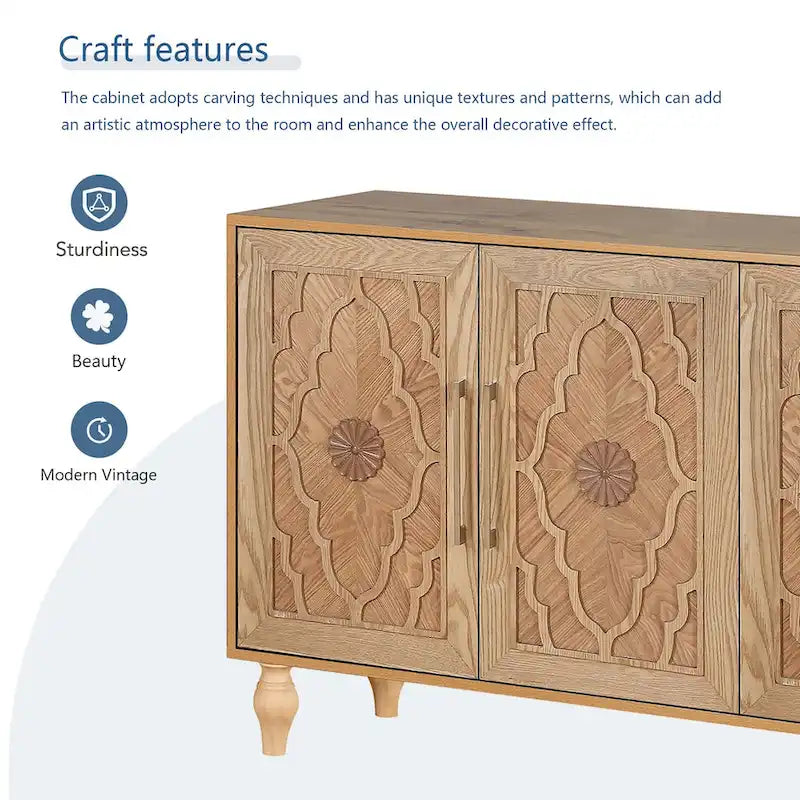 Grand meuble de rangement avec porte à fleurs sculptées et poignée en métal, idéal pour le salon, la cuisine ou l’entrée