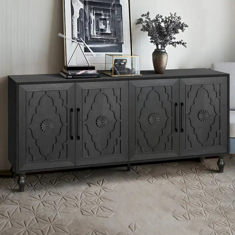 Armario grande de almacenamiento con puerta de flores talladas y manija de metal, ideal para la sala, la cocina y la entrada