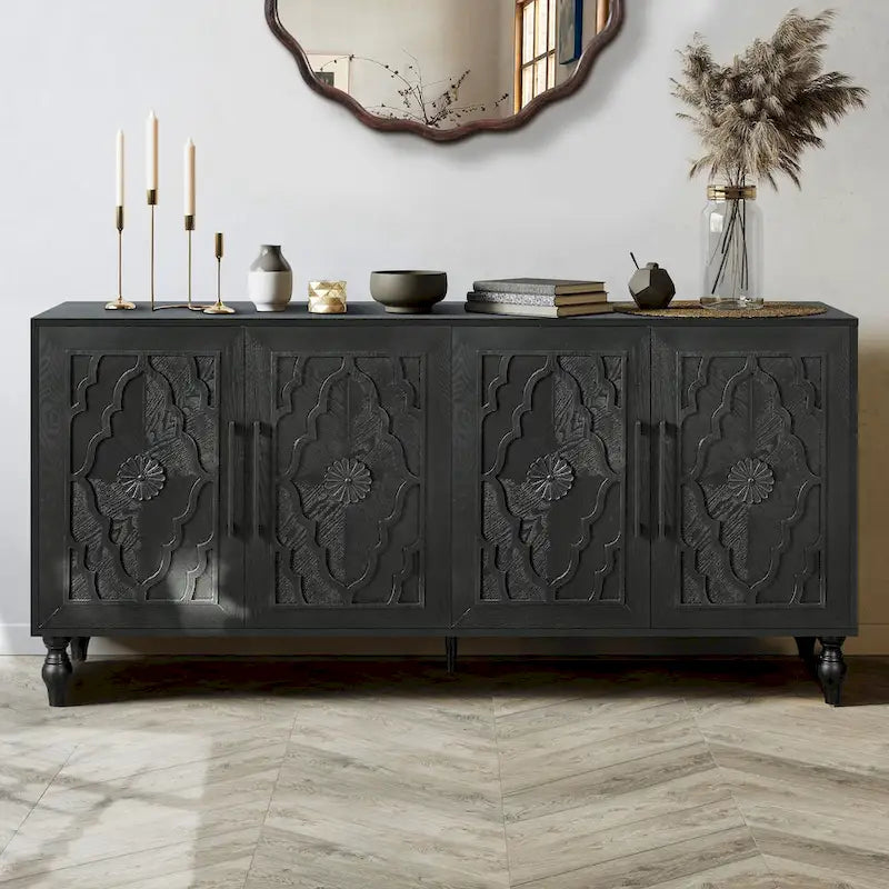 Armario grande de almacenamiento con puerta de flores talladas y manija de metal, ideal para la sala, la cocina y la entrada