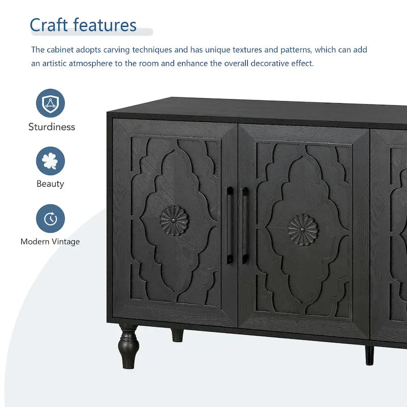 Armario grande de almacenamiento con puerta de flores talladas y manija de metal, ideal para la sala, la cocina y la entrada