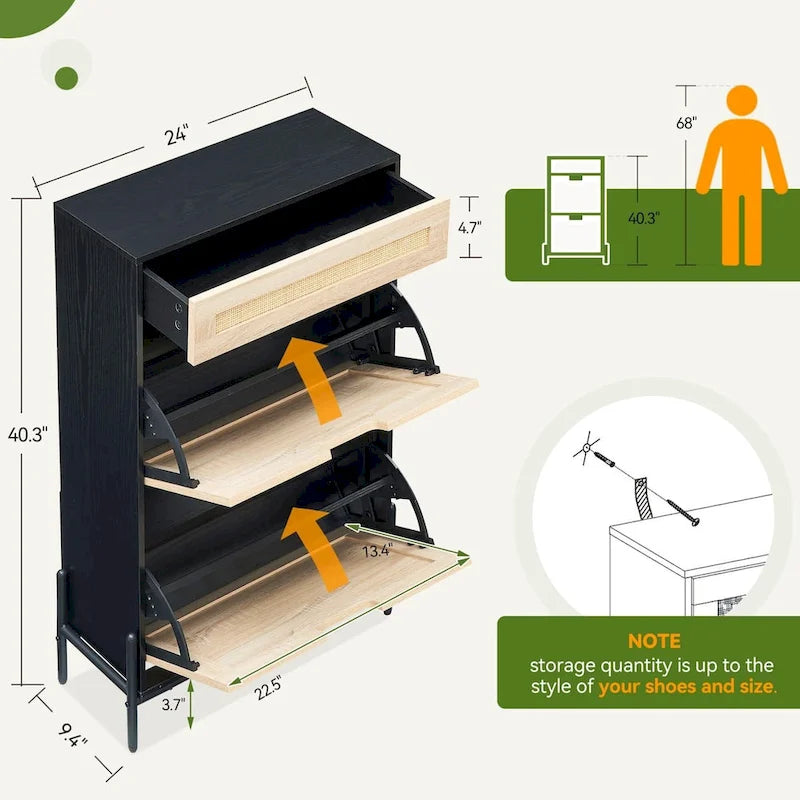 Meuble à chaussures en rotin naturel avec 2 portes abattantes et 1 tiroir