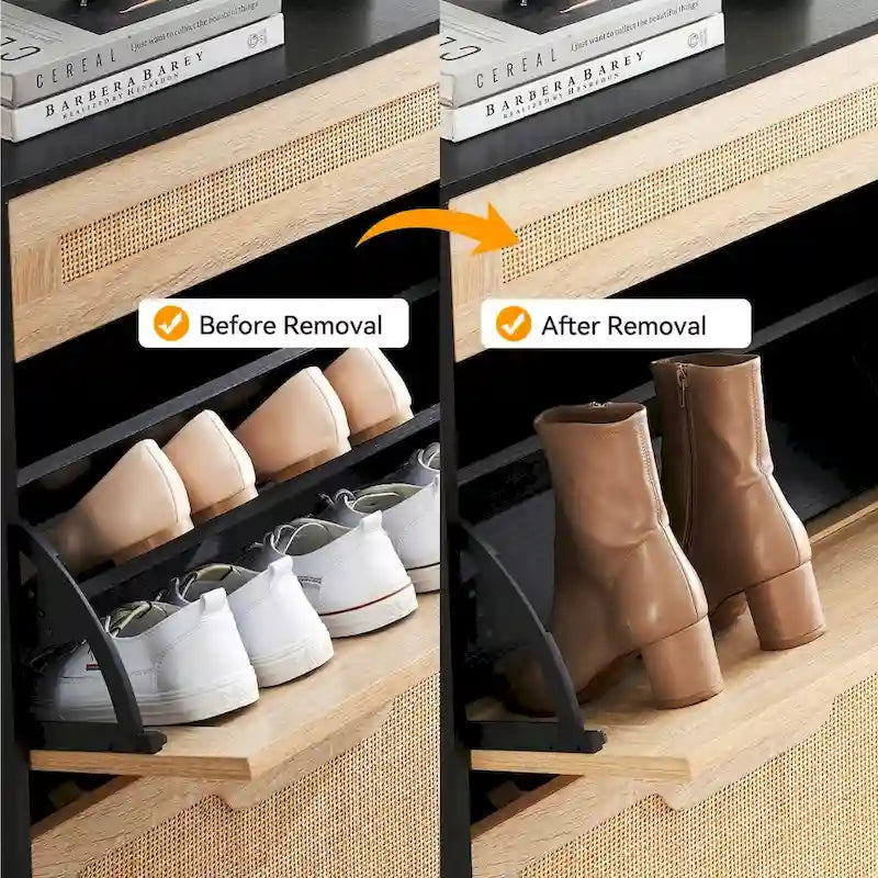 Meuble à chaussures en rotin naturel avec 2 portes abattantes et 1 tiroir